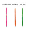 A promotional double-ended pencil and ballpoint pen in pink, orange, and green, featuring a logo.