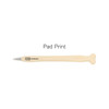 A bone-shaped pen in cream colour with a logo on the side.