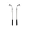 Two silver golf clubs with black grips, featuring distinct club head designs. The image also includes a logo.