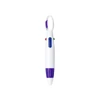 A purple and white pen with a carabiner clip. It features buttons in green and red, along with a logo.