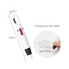A carabiner pen in white and black, featuring a red button, with options for four coloured pen refills.