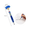 A blue pen with a smiling character topper featuring blue yarn hair and a striped design on the body.
