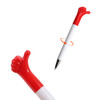 A red and white pen with a thumbs up design at the top and a shiny silver tip. It features a logo.