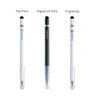 A set of three 3 in 1 Eternal Pencils in white and black, featuring different printing options and a logo on each.
