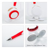 A white pen with red accents, featuring a rounded design and a strong base for stability. Includes a logo.