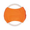 An orange dog toy with a rope handle, featuring a smooth fabric surface and a round shape.