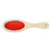 A wooden pet brush with a red rubber grip and metal bristles, featuring a branding logo.