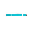 A turquoise pen with a silver clip and tip, featuring a textured grip and a stylus on the end.