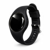 A black pedometer with a round display and adjustable strap, featuring a logo on the watch face.