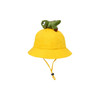 A yellow bucket hat featuring a plush dinosaur perched on top, complete with an adjustable chin strap.
