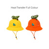 A yellow and an orange bucket hat with a dinosaur plush on top, featuring a logo on the front of each hat.