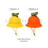A yellow bucket hat with a dinosaur plush and an orange bucket hat with a dinosaur plush. Both have adjustable straps.