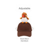 A brown adjustable baseball cap featuring a plush bird toy on top. Includes sizes for adults and kids.