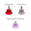 A decorated bucket hat in red with an embroidered kangaroo, a grey hat with a screen-printed koala, and a lavender hat with a plush octopus.