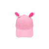 A pink baseball hat featuring cute bunny ears with pink accents and a logo on the side.