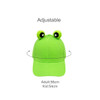 A bright green baseball hat with adjustable sizing and frog-shaped ears on the top. Features a logo.