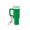 A green mini tumbler keyring with a straw and a keychain attachment, featuring a handle and a white lid.