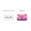 Two plush doll jerseys: one white with multicoloured designs and one pink gradient with a digital print and logo.