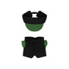A plush doll racing suit set in black with green accents, including a cap and shorts. Features a logo.