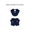 A plush doll racing suit set in navy featuring a visor and shorts, with a logo and colourful details.