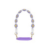A drink bottle strap featuring a woven purple and white floral design with yellow accents and gold clips.