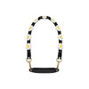 A drink bottle strap featuring a black background with woven white and yellow daisies and gold clips.