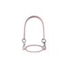 A drink bottle strap in soft pink silicone with metallic clips on each end, featuring a textured handle design.