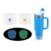 A drink bottle in blue with a handle, accompanied by two white containers and two silicone cups in green and dark blue.