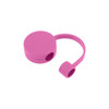A round pink silicone straw cover with a looped handle, featuring a small opening for a straw.