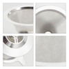 A stainless steel coffee filter with a stand in multiple angles, showcasing its mesh design and polished finish.