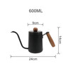 A stainless steel pour over kettle in black with a wooden handle, featuring a long spout and a round lid.