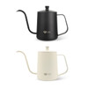 A stainless steel pour over kettle in matte black and cream, each featuring a logo.