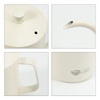 A stainless steel pour over kettle in cream colour, featuring a spout, handle, and a logo on the body.
