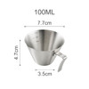A stainless steel measuring cup with a handle, marked with measurements up to 100ml.