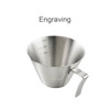 A stainless steel espresso measuring cup with measurements marked inside, featuring a handle and a logo.
