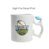 A white ceramic mug featuring a rugby-themed design and a blue custom spinner toy on the handle.