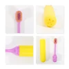 A foldable soft bristle toothbrush in pink and yellow, featuring a protective case and soft bristles.