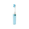 A foldable handle toothbrush in blue and white, stored in a transparent case. It features a logo on the case.
