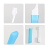 A transparent, foldable handle toothbrush in blue and white, featuring a compact case for storage.