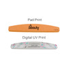 A Sponge Half Moon Shape Nail File in orange with a logo and a white file featuring colourful designs.