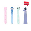 Four colourful sandpaper nail files featuring designs of a heart, penguin, panda, and unicorn, with a logo in the corner.