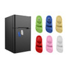 A black fridge with six coloured fridge magnets shaped like slides: red, pink, yellow, green, blue, and white.