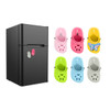 A black fridge with colourful paw-shaped clog shoe magnets in pink, green, white, and yellow.