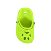 A vibrant lime green paw shape clog shoe magnet with ventilation holes and a black button detail.