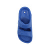 A blue fridge magnet shaped like a sandal, featuring two straps and a hole for hanging. It has a logo.