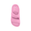 A pink fridge magnet shaped like a slide sandal with two buckle straps and a hanging hole.