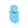 A light blue clog shoe-shaped charm featuring ventilation holes and a black button detail.