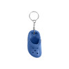 A blue clog shoe keyring hangs from a metal chain, featuring detailed cut-outs and a small heel.