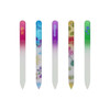 A set of four crystal glass nail files in pastel colours, featuring floral and gradient designs. Each file has a logo.