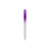 A crystal glass nail file with a purple gradient and a smooth, pointed end. It features a branding logo.